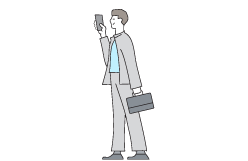 An animated image of a male person with a bag on one hand and looking at a phone  - image used in the ad campaign