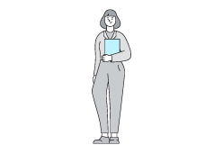 An animated image of a female person used in the ad campaign holding a folder 