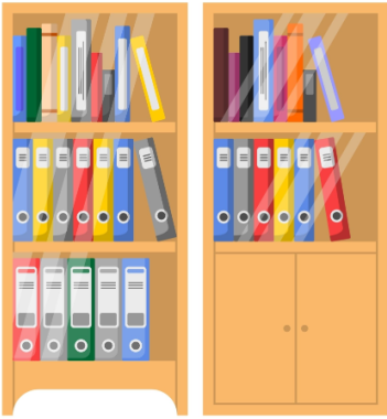 Folders and books stacked in cupboard