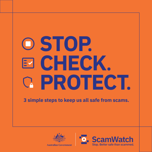 ScamWatch campaign image - Stop, check, protect